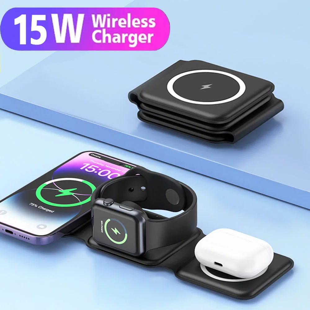 3 in 1 Magnetic Wireless Charger Pad Stand for iPhone 17 16 15 14 13 12 Pro Max Apple Watch AirPods Fast Charging Dock Station