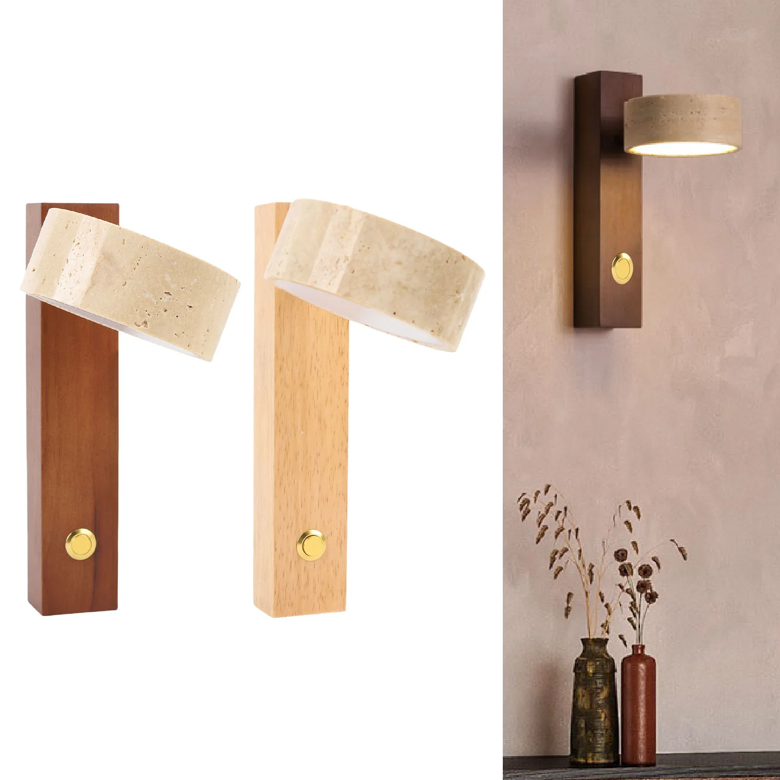 

Wall Sconce Warm Light Hardwired Stone Wood LED Wall Sconce Adjustable Angle Press Key Rustic Industrial for Reading
