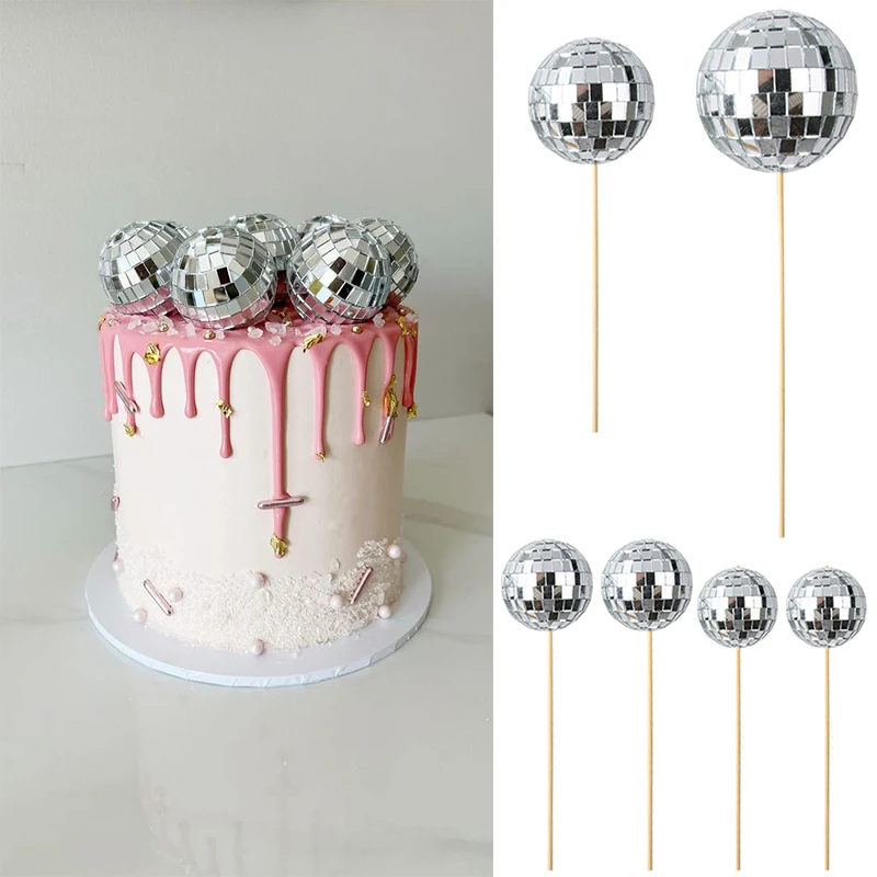 5/10pcs Silver Mirror Disco Ball Cake Decoration 70's 80's Retro Dance Disco Party Cake Topper Adult Birthday Party Supplies