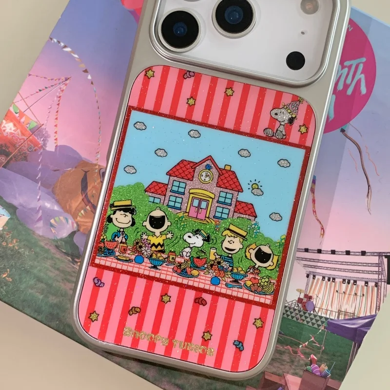 

Luxury campus picnic party Cute Cartoon Snoopy Charlie Bling Glitter Phone Case For iPhone 13 14 15 16 17 Pro Max Cover﻿﻿﻿﻿﻿