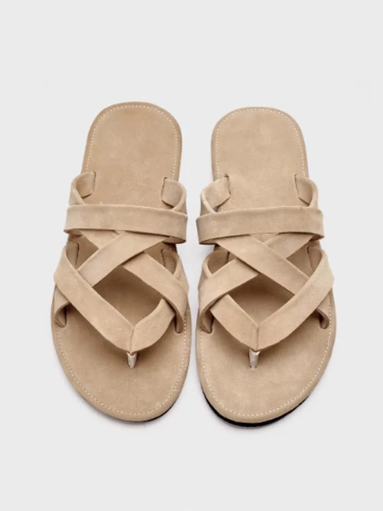 Summer Mens Breathable Cow Suede Leather Slippers Flip Flops Open Toe Outside Fashion Personality Retro Slides Male Beach Shoes
