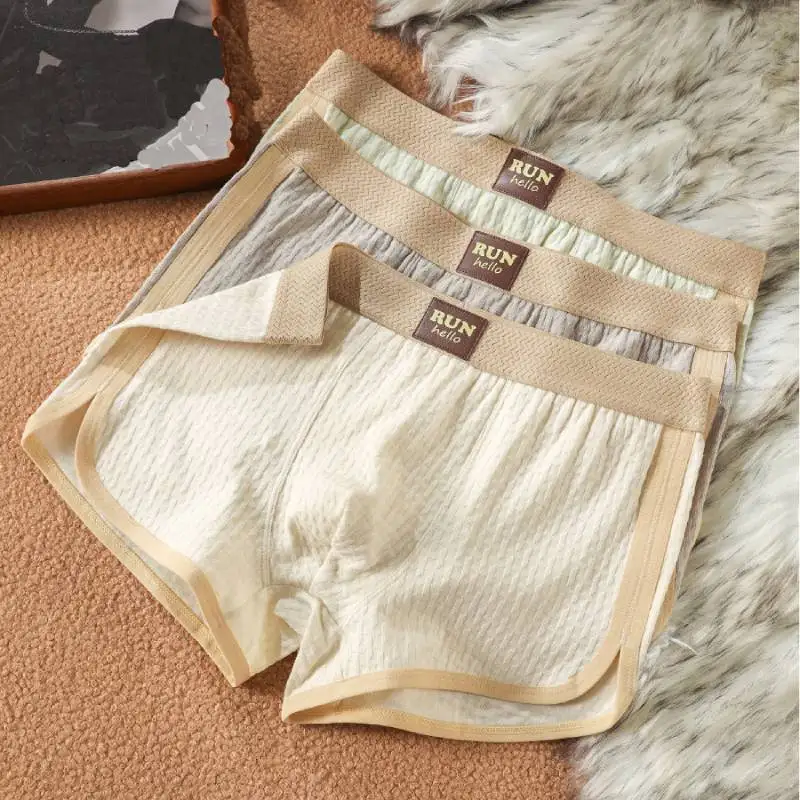 3 pcs Men's Boxer Solid Textured Men's Cotton Underwear Breathable Underpants Super Soft High Elastic Men's Panties 2