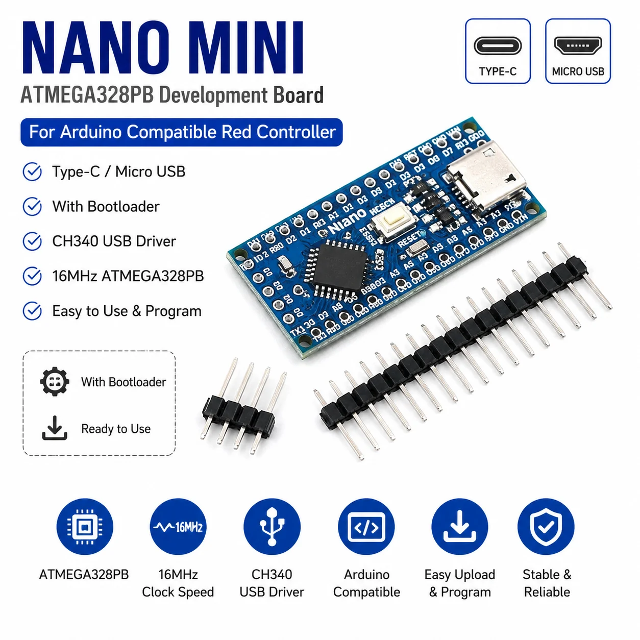 For nano Mini / Type-C / Micro USB With The Bootloader Compatible Red Controller for Arduino CH340 USB driver 16Mhz ATMEGA328PB