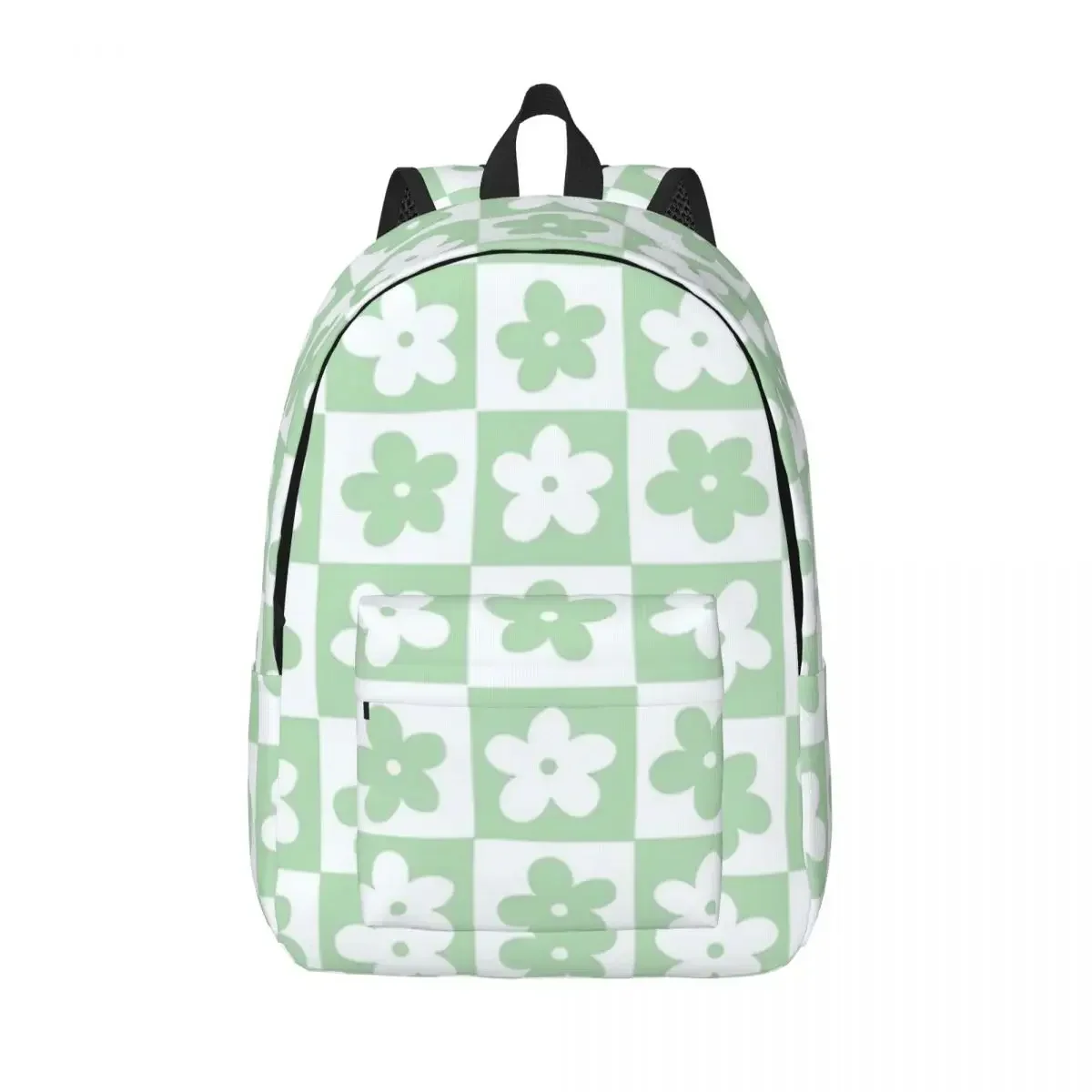 Light Pastel Green And White Checkered Squares With Flowers Woman Backpacks Bookbag Shoulder Bag Portability Rucksack School Bag