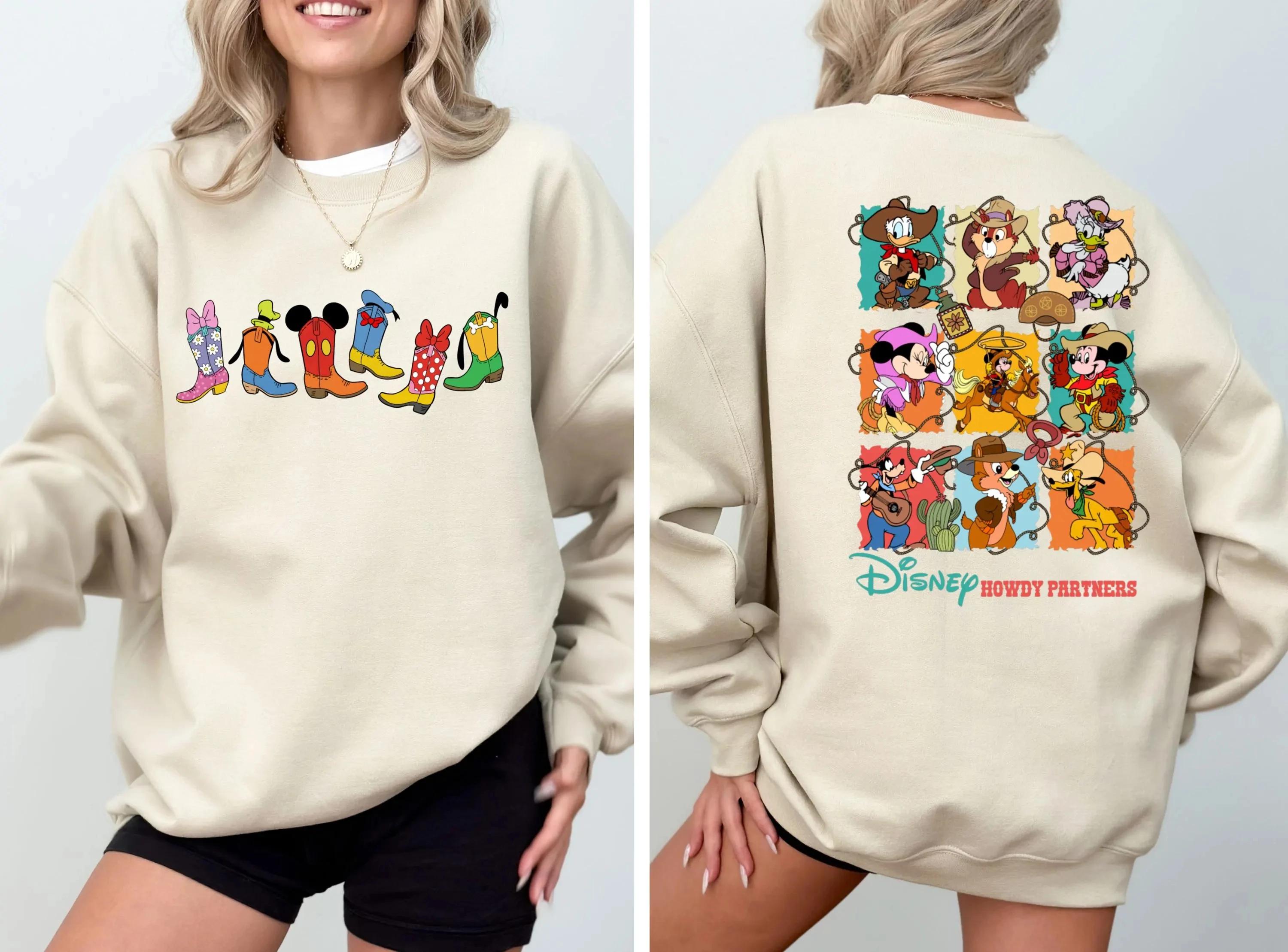 

Disney Boots Western Mickey Friends Sweatshirt Women Men Cotton Hoodies Pullover Autumn Winter Fleece Oversized O-Neck Tops Coat