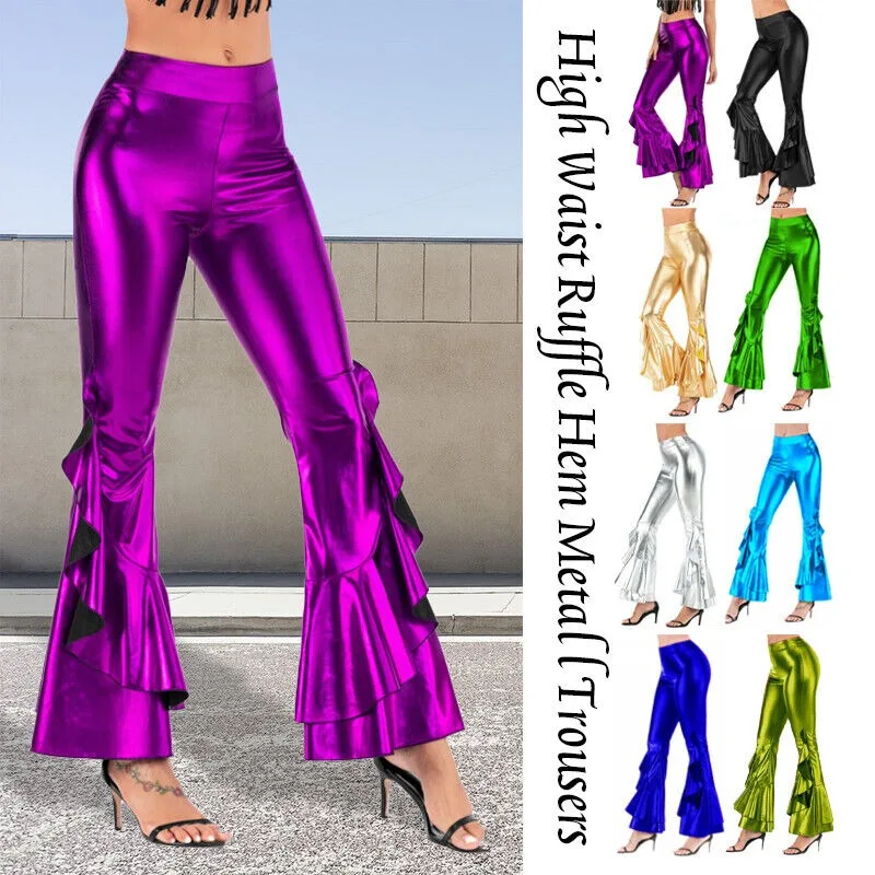 Women Polyester Shiny Flare Trousers Laser Metallic Wet Look Flared Pants Retro Disco Bell Bottom Skinny Trousers Clubwear 2024