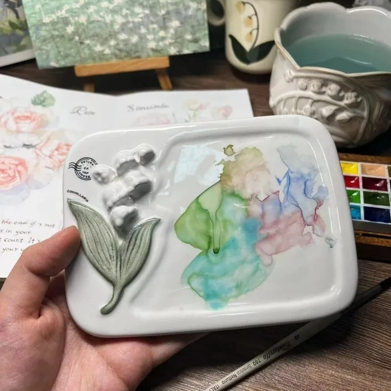 Multiple Unique Shapes Ceramic Paint Palette Multi Wells Pigment Tray for Watercolor Painting Easy To Clean Artist Art Supplies