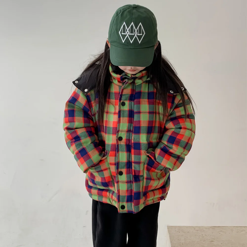 

Girl Down Coat Girl Winter Jacket Children 2023 Winter New Colored Plaid Cotton-padded Coat Girls and Boys Baby Winter Down