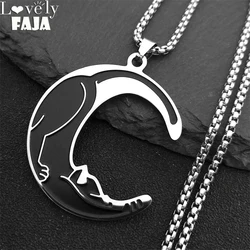 Stainless Steel Cut Moon Cat Necklace for Women Silver Color Big Black Enamel Necklace Jewelry Christmas Day Gift joyas N7532S03
