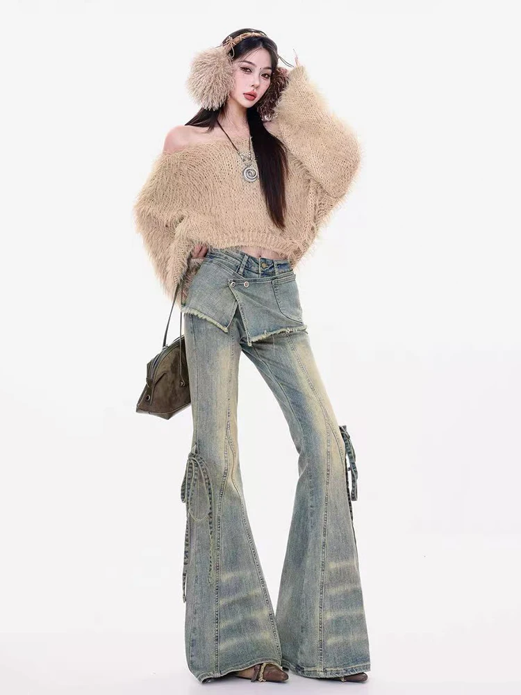 Vintage Wash Flare Jeans Y2k Japanische Streetwear Bow Lace Up Denim Hosen Hohe Taille Slim All Match Cowboy Hosen Neu