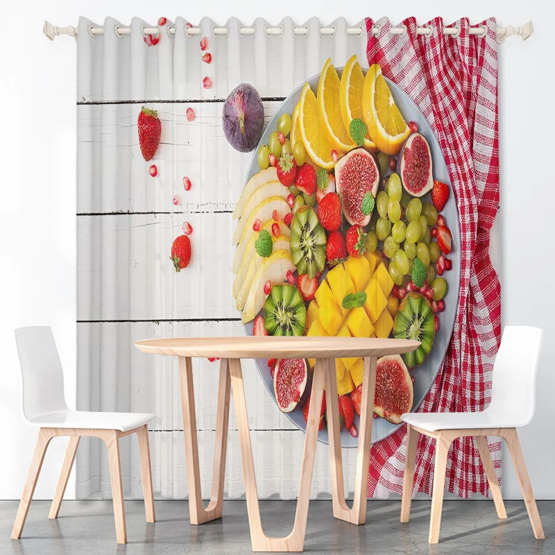 HD Modern Green Vegetables Custom Curtains Chili Peppers Eggplant Cucumbers Thin Polyester Fabric Kitchen Decorations with Hooks