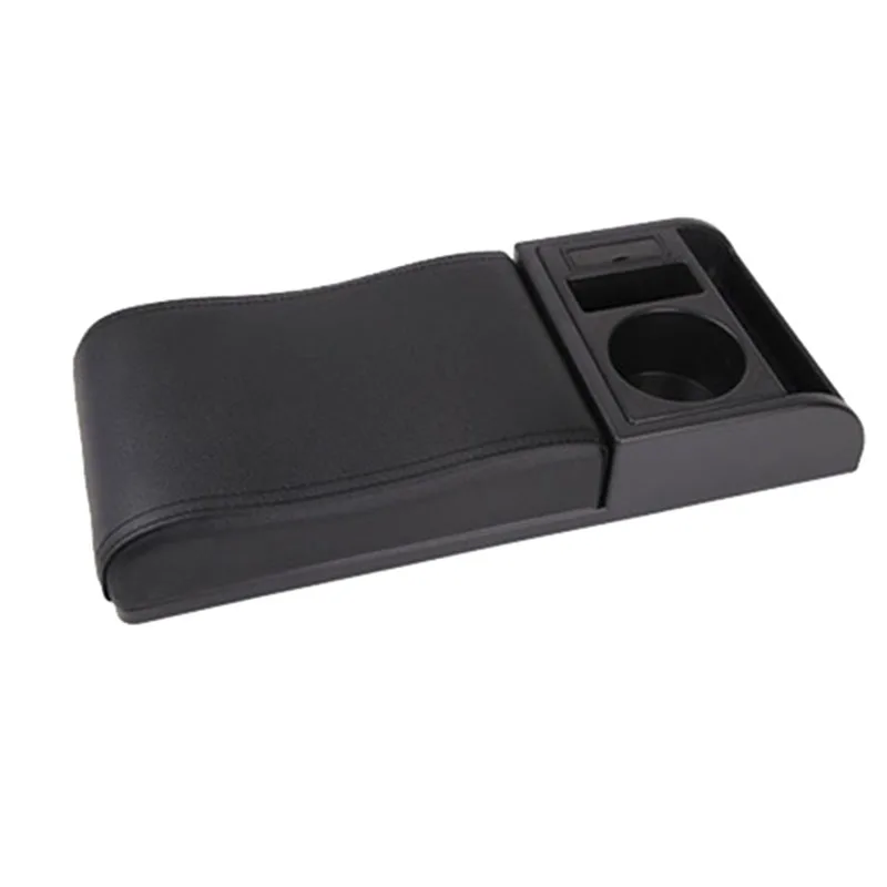 Car Armrest with Cup Holder Universal Pu Leather Storage Box Soft Elbow Suppoty Cushion Movable Armrest Pad Black Line