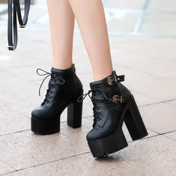 Fashion Black  Boots Women Spring Autumn Lace-up Soft Leather Platform Shoes Woman Party Ankle Boots High Heels 14CM ghn89