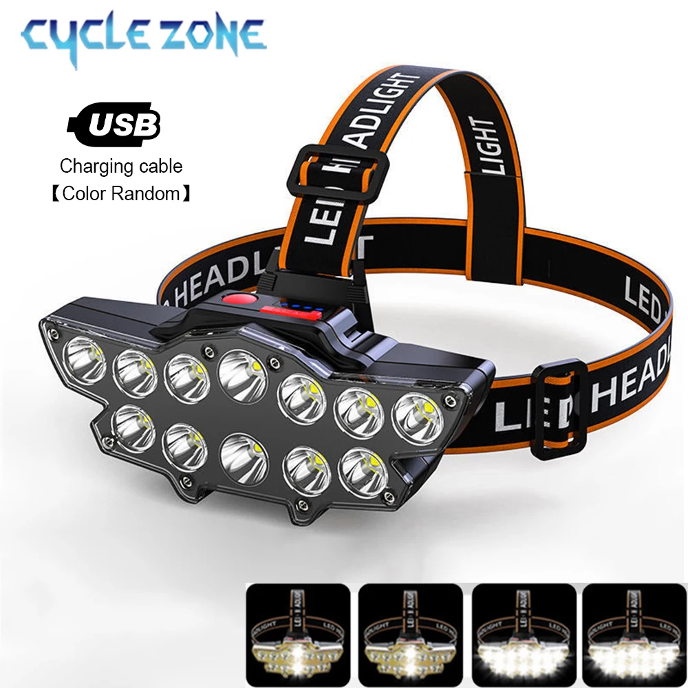 

12 LED Headlights USB Rechargeable Headlamp Strong Light Head Flashlight Power Display Head Torch for Outdoor Camping Fishing