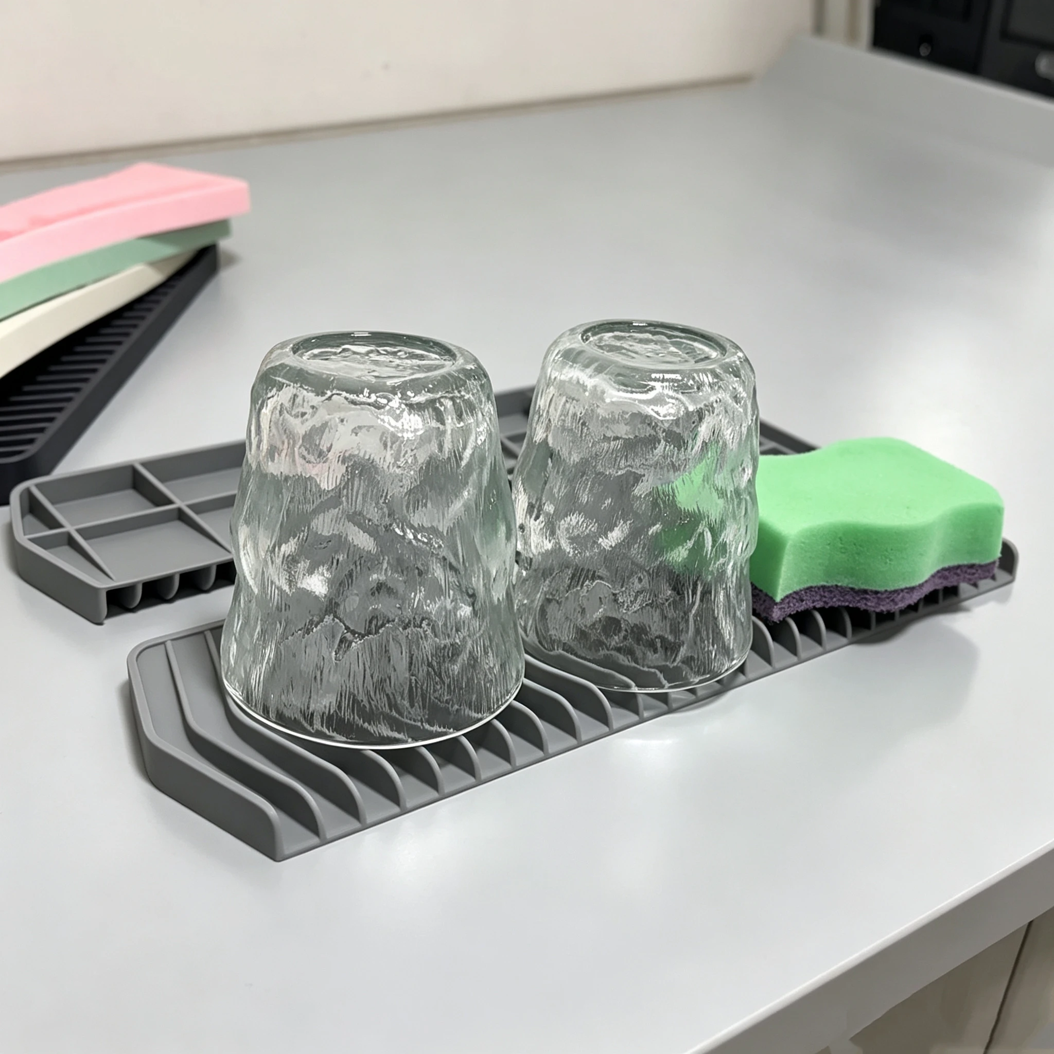 Silicone Soap Dish Drain Rack Mat Kitchen Bathroom Multifunctional Narrow Edge Holder Non-ponding Sink Tray Drain Mat Drying Pad