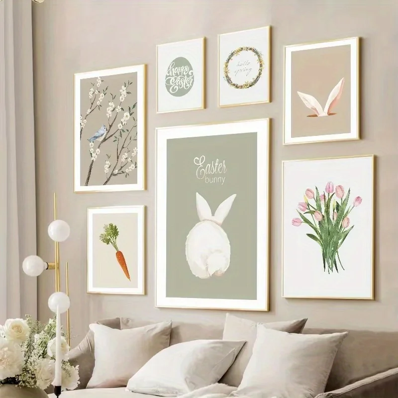 1pc frameless Canvas Painting 1 Piece of Frameless Charming Easter Bunny and Carrot Canvas Wall Art, Living Room Decoration, Per
