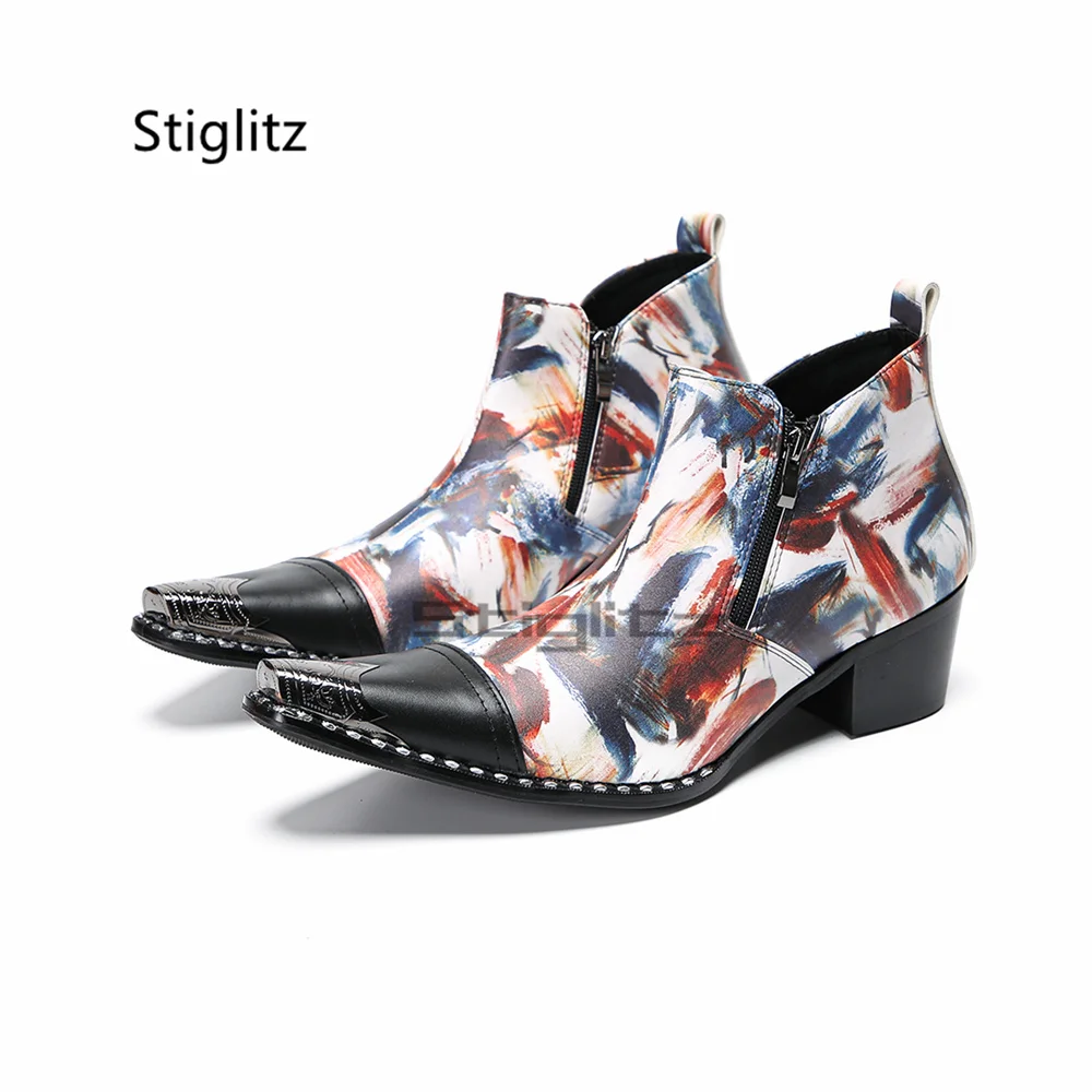 Men's Graffiti Print Ankle Chelseaboots Pointed Metal Toe Side Zipper Block Heel Western Cowboy Boots Botas Hombre Male Shoes