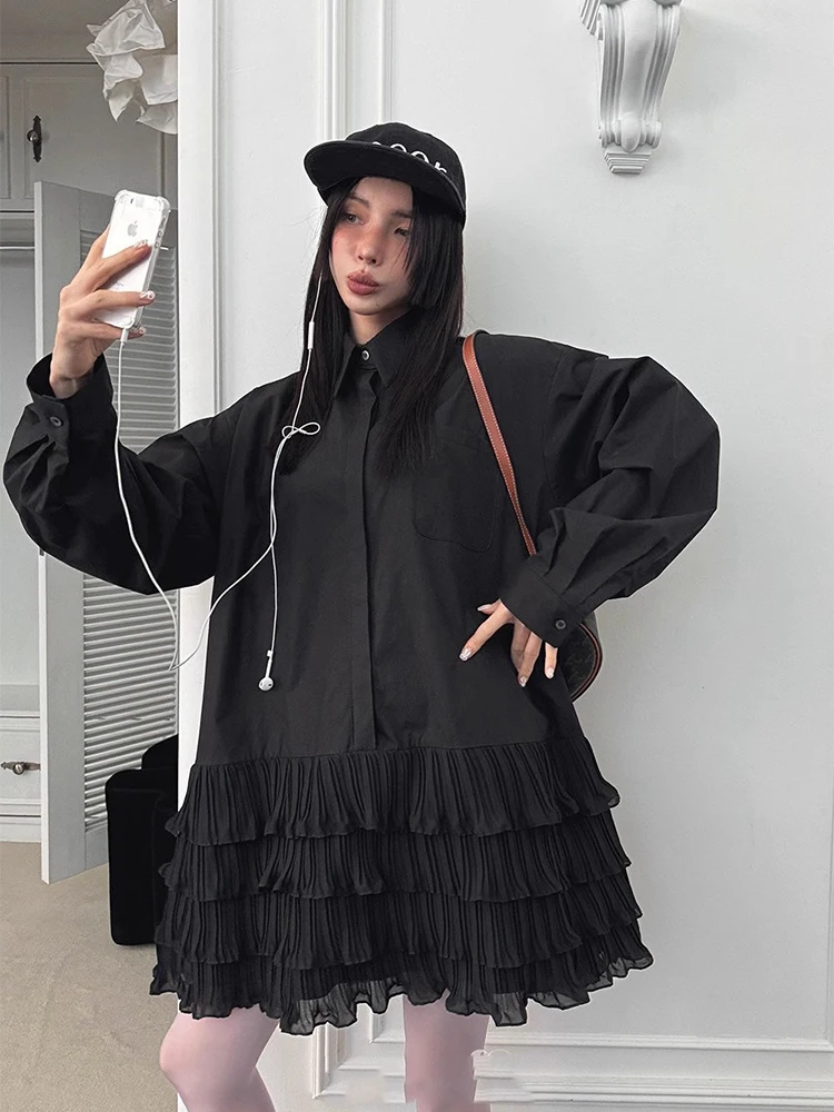 Estilo coreano primavera verão turn-down colarinho cor sólida emendado em camadas vestido mulher doce a linha vestido