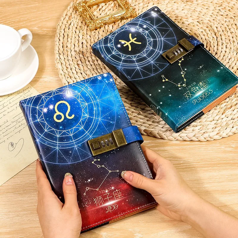 A5 Twelve Constellations Password Book Diary with Lock Birthday Gift Notepad Retro Creative Hand Book