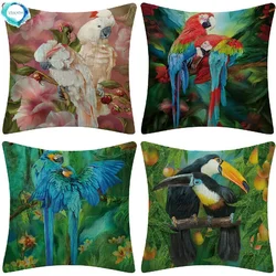 Parrot Toucan Couple Bird Decorative Throw Pillow Cushion Cover Tropical Plant Cotton Linen Pillowcase Decoration for Home Sofa