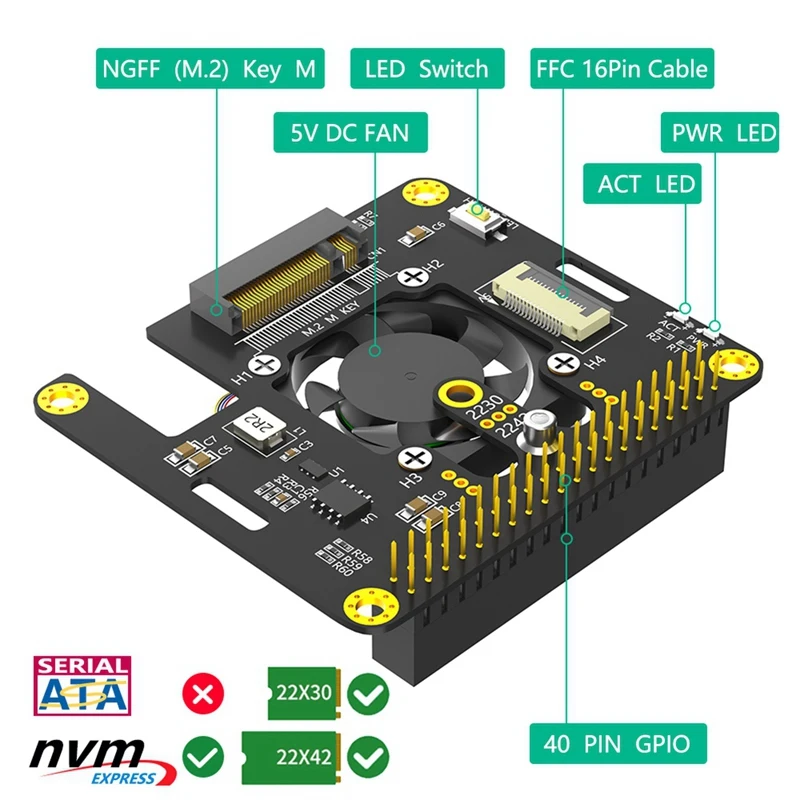 Adattatore combinato 3 in 1 da Nvme a Pcie con ventola di raffreddamento e LED scolorimento automatico per Raspberry Pi 5 Facile da usare Nero