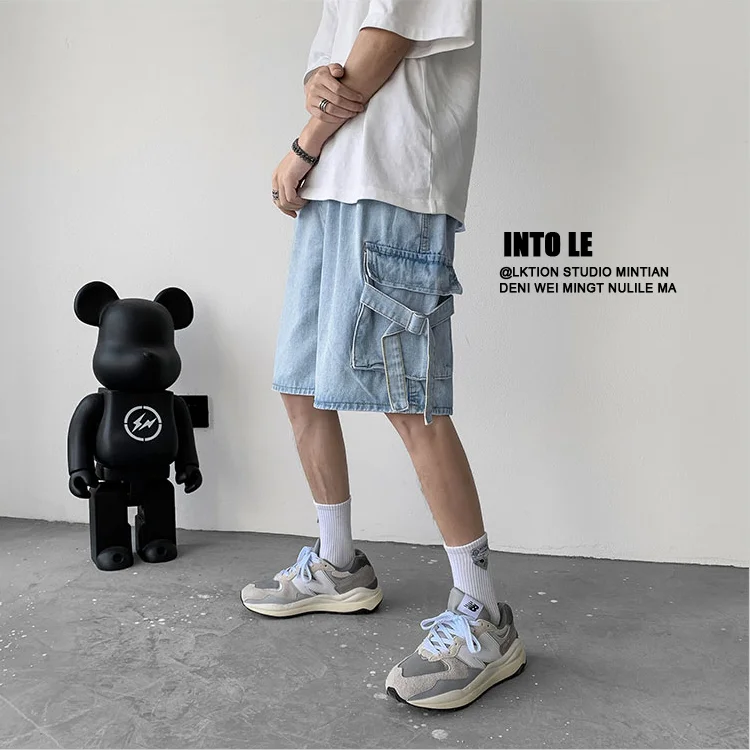 

Loose Straight Leg Men's Denim Shorts Five Pockets Casual Summer Jeans mid Waist Cotton Youth Fashion Workwear Trousers