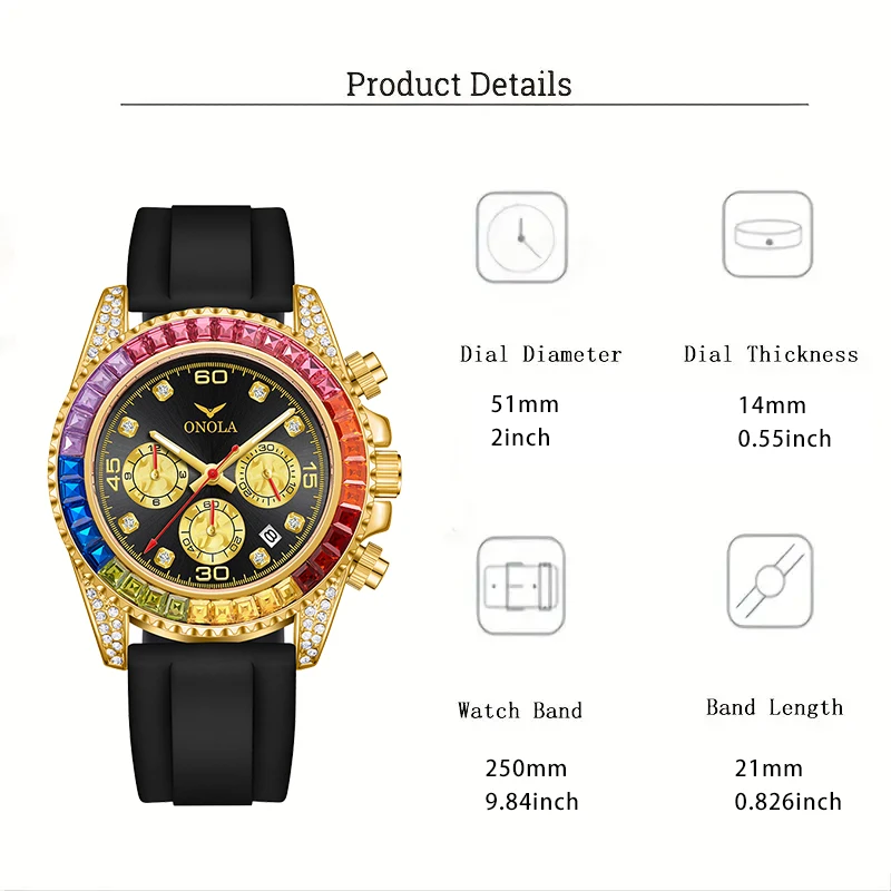 ONOLA Rainbow Bracelet Chronograph Rose Gold Case Black Silicone Strap Multi functional Ice Flower Water Diamond Quartz Watch