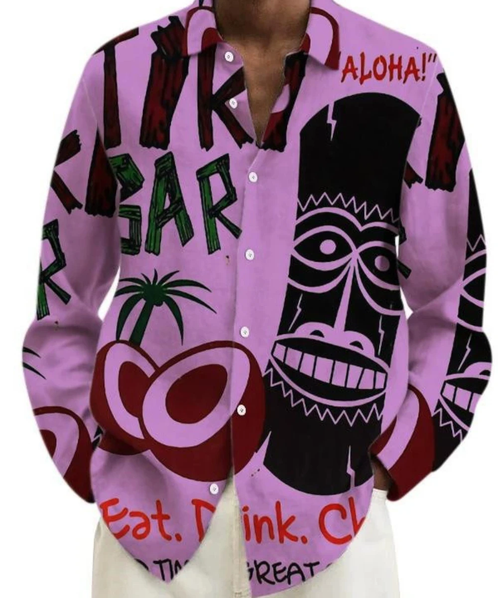 

2025 men's fashion party long sleeved shirt hip-hop quirky printed long sleeved top button up shirt