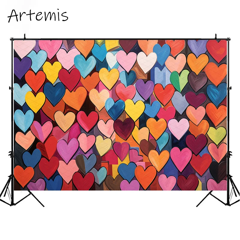 Valentine's Day Photography Background Hearts Different Colors Whimsical Painting Kids Birthday Portrait Backdrop Photo Studio