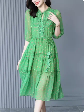 100% Real Silk Dress Summer Dress Women Clothing Fashion Office Lady Floral Fairy Dress Green Long Sleeves Mid-length Dresses Zm