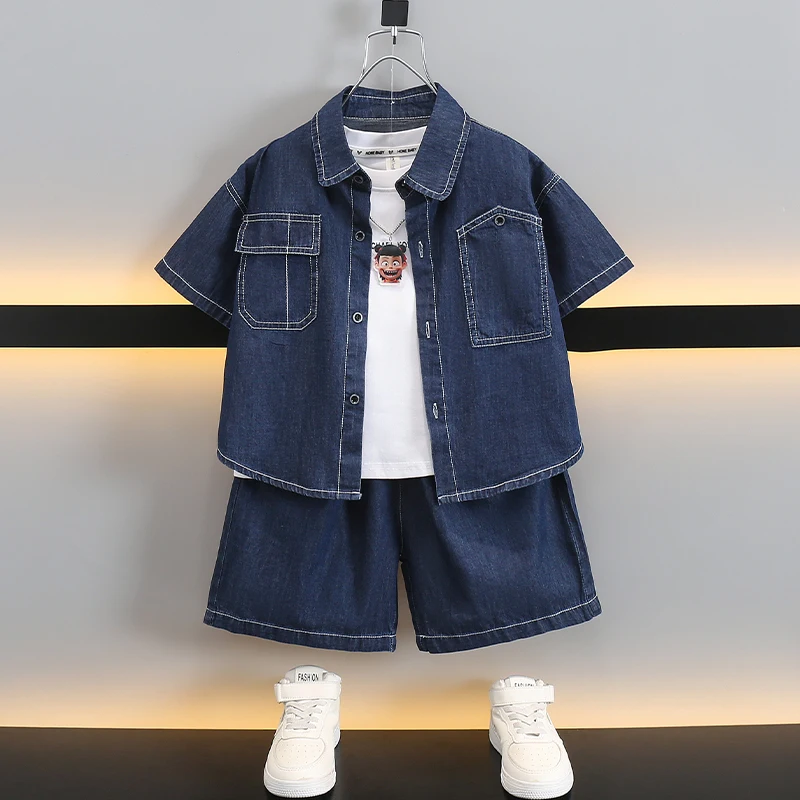 

Детский летний повседневный спортивный комплект, джинсовая рубашка с короткими рукавами, одежда для мальчиков, уличная мода в корейском стиле