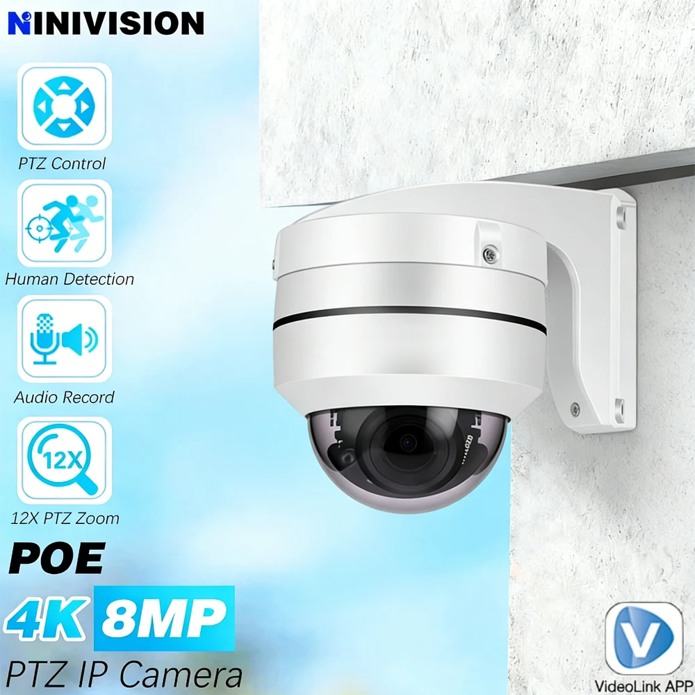 12X Zoom 8MP 4K POE IP Camera Outdoor 5MP Human Detection Metal PTZ Speed Dome Camera 80M IR Auido P2P CCTV Surveillance Cameras