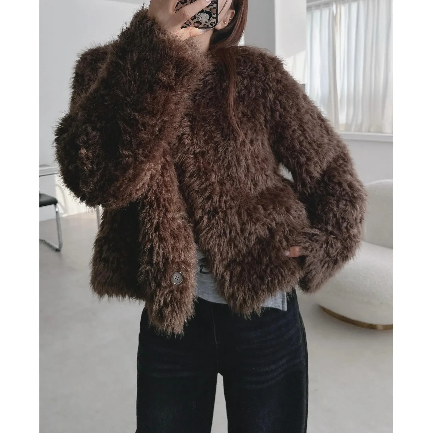 

Women's Furry Jaet Long Sve Warmth Outerwear Autumn Winter Vintage Loose Slimming Faionable Commute Sle Coat