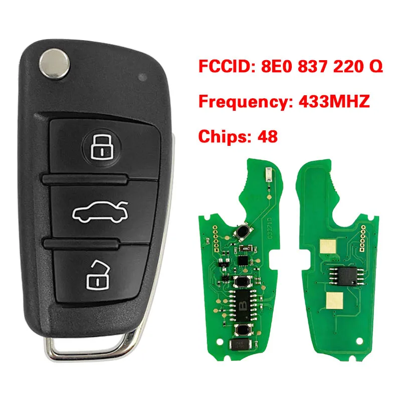 

CN008007 3 Button Remote Car Flip Key 433MHz Fob for Audi A2 A4 S4 Cabrio Quattro Avant 2005-2008 with 48 Chip 8E0 837 220Q KD