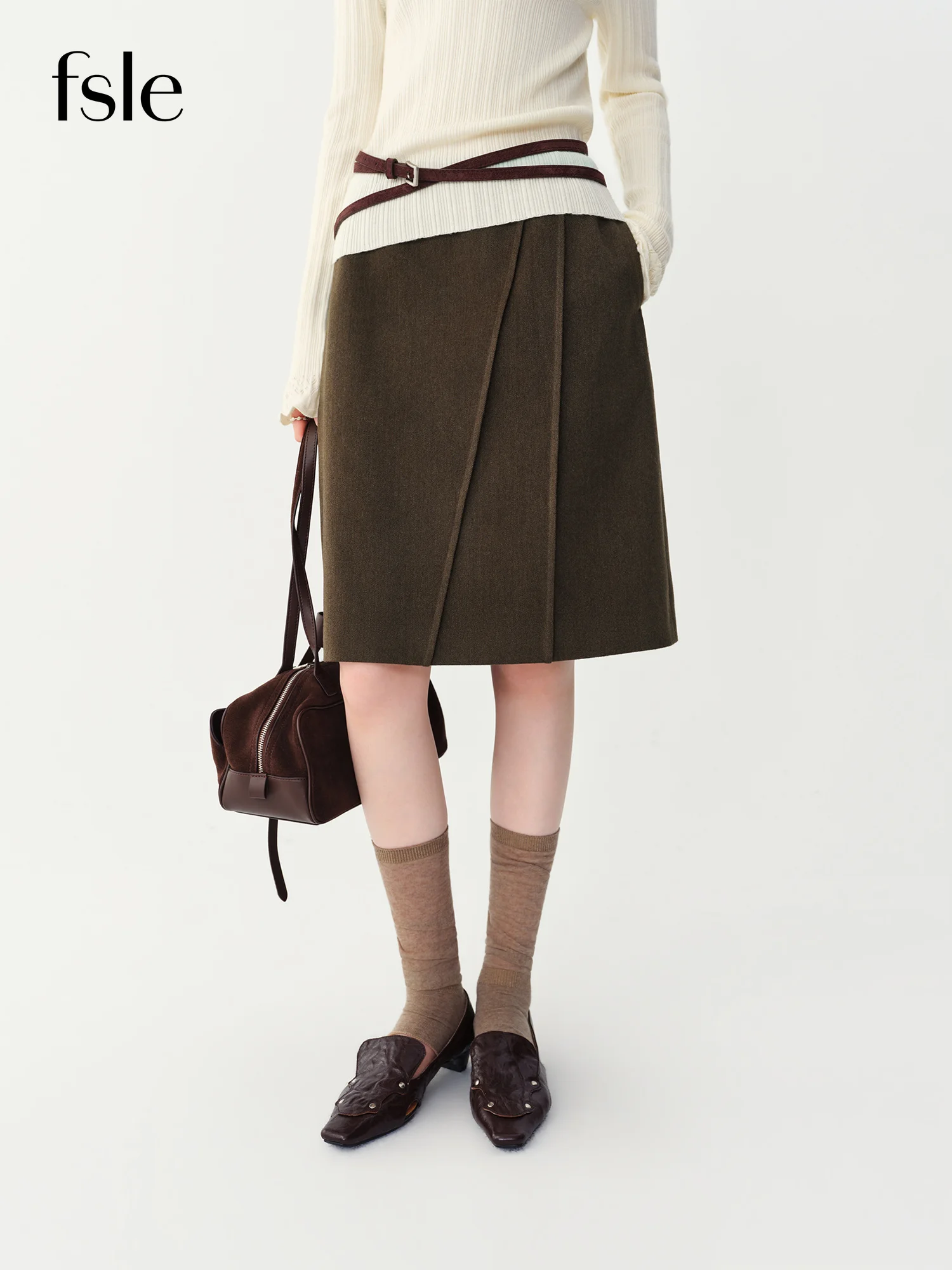 FSLE Women’s A‑Line Midi Skirt with 3D Panel Diagonal Cut 2026 Winter New Arrival Elegant Versatile Flared Half Skirt for Daily