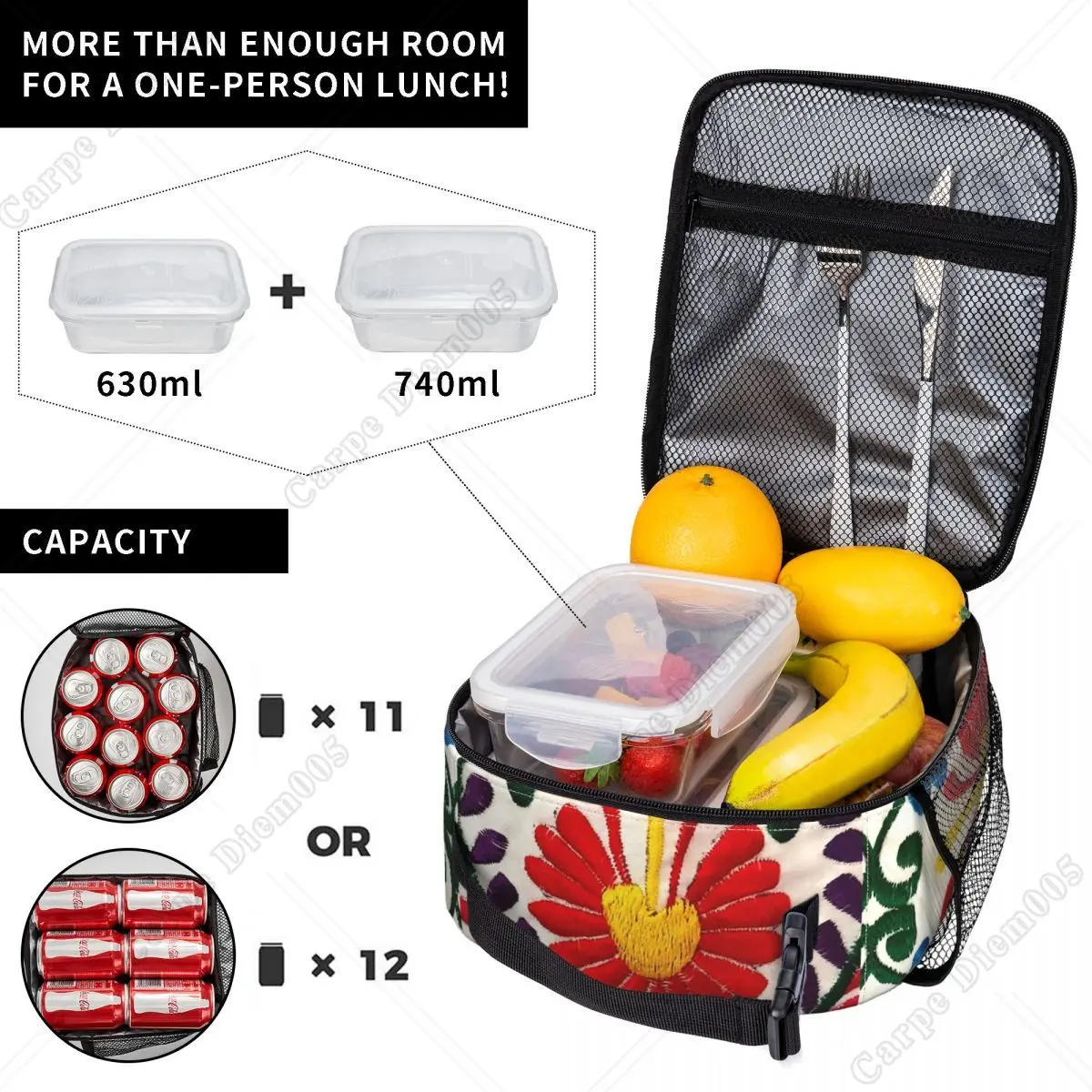 Mexican Flowers 3D Print Embroidery Pattern Portable Lunch Boxes Waterproof Thermal Cooler Food Insulated Lunch Bag Office Work