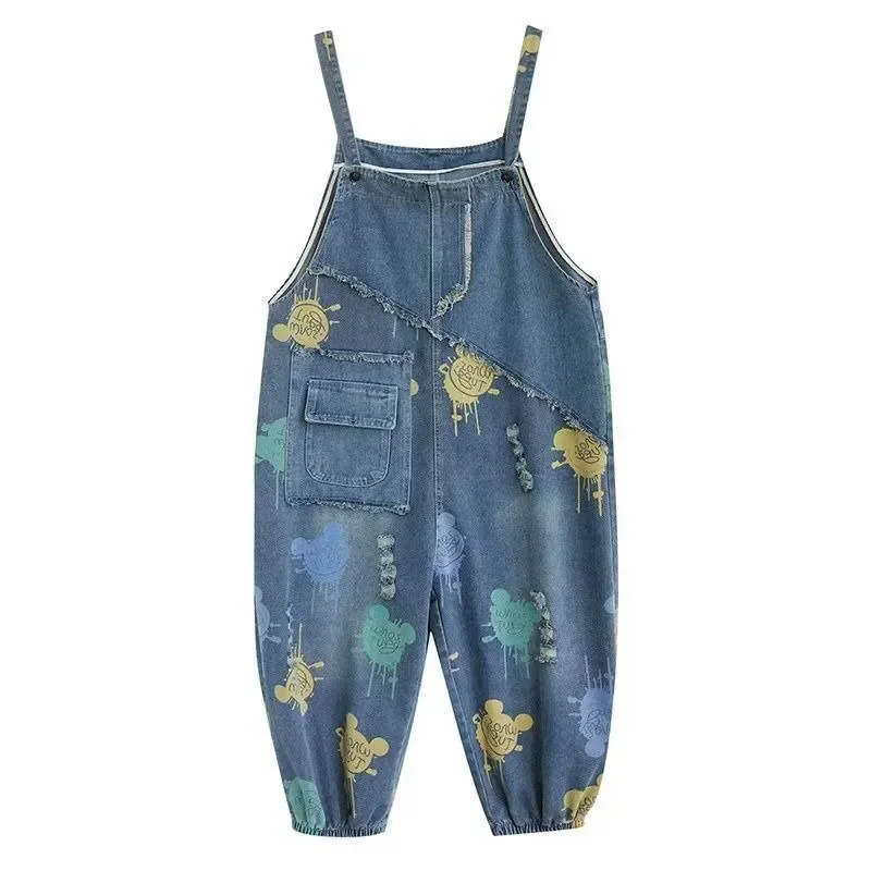 Frühling Herbst Cartoon Print Jeans Overalls Frauen Große Taschen Lose Denim Strampler Weibliche Retro Overalls Hosen