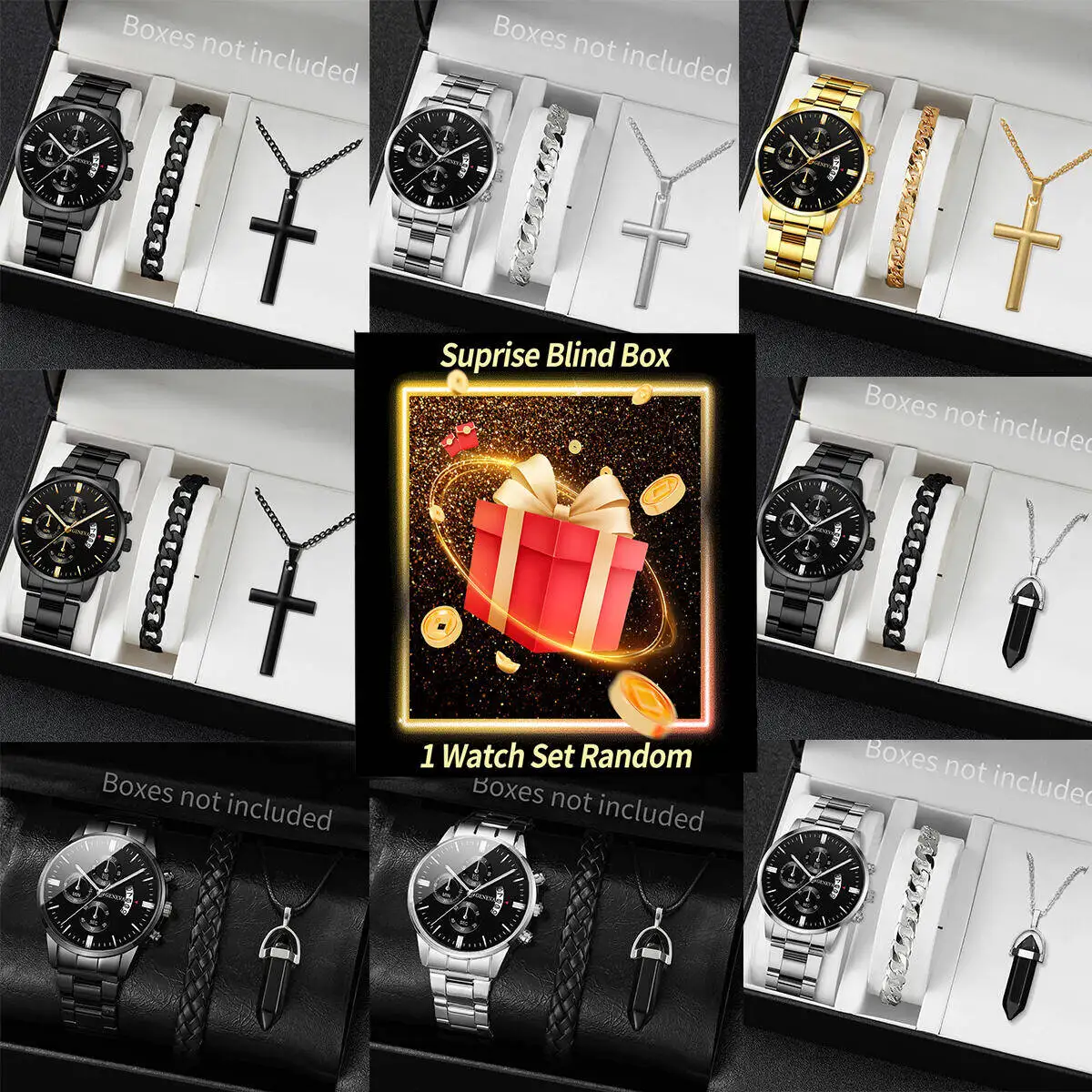 

Surprise Mystery Watch Blind Box-Fashion Men's Stainless Steel Band Watch Casual Calendar Quartz Watch Jewelry Set（Without Box）