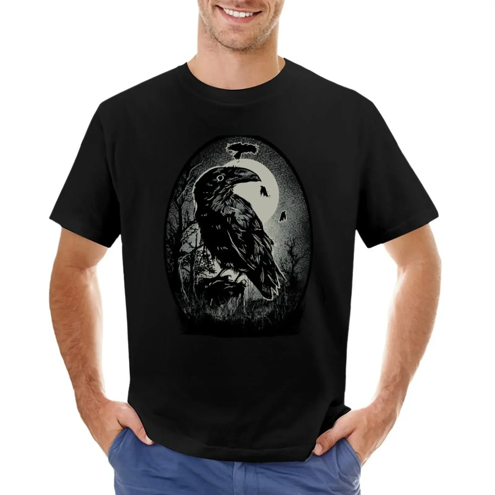 

raven bird horror landscape black and white T-shirt tees quick-drying plain t shirts men