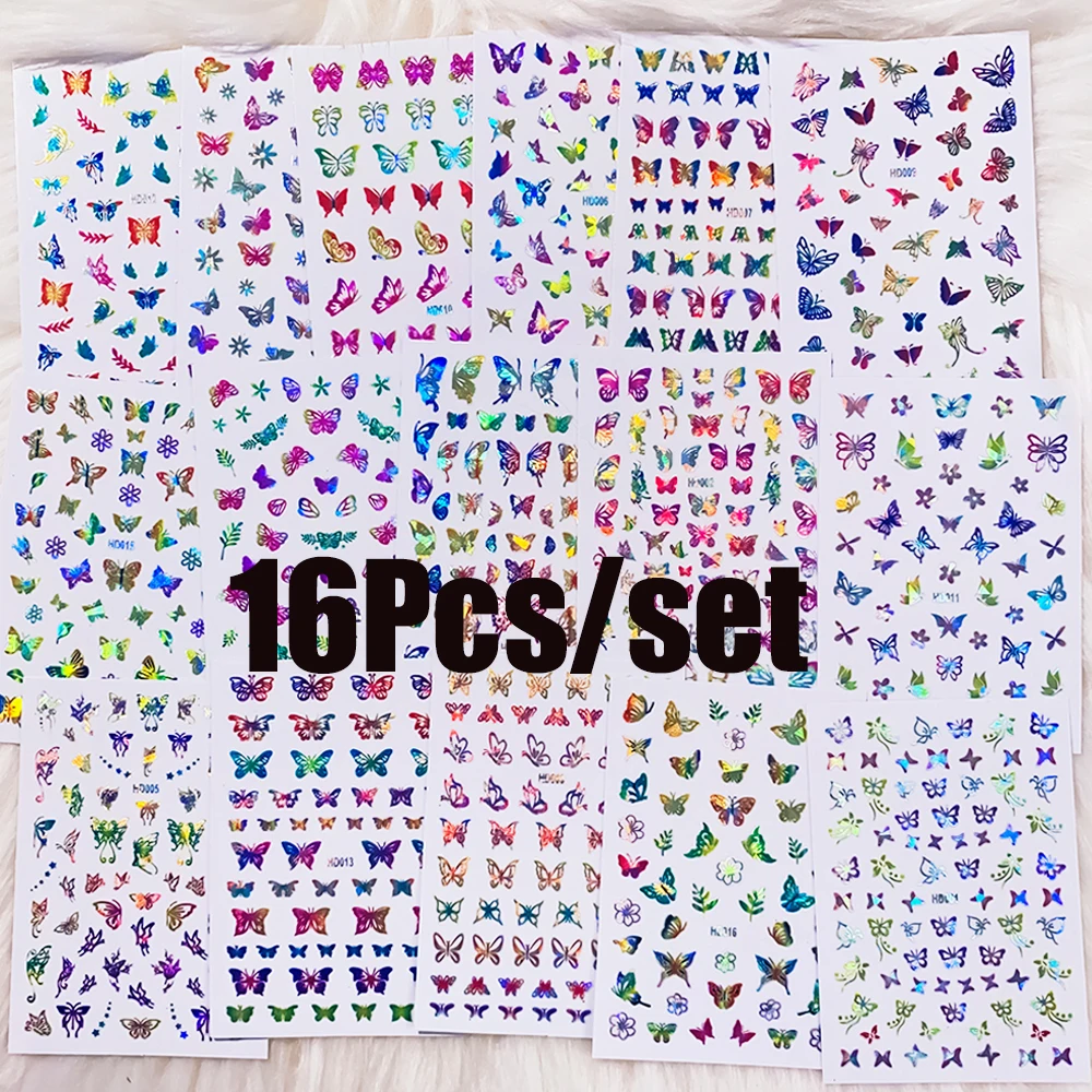 16/12/10/8/6Pcs laserowe motylkowe naklejki na paznokcie 8*10cm kolorowe motyle kalkomanie transferowe z motylem