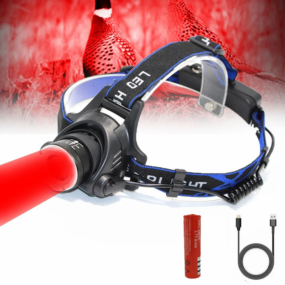E5 Red LED Headlamp 3 Modes Headlight Zoomable Brightest Hunting Headlamp Rechargeable Head Torch Flashlight for Outdoor Camping