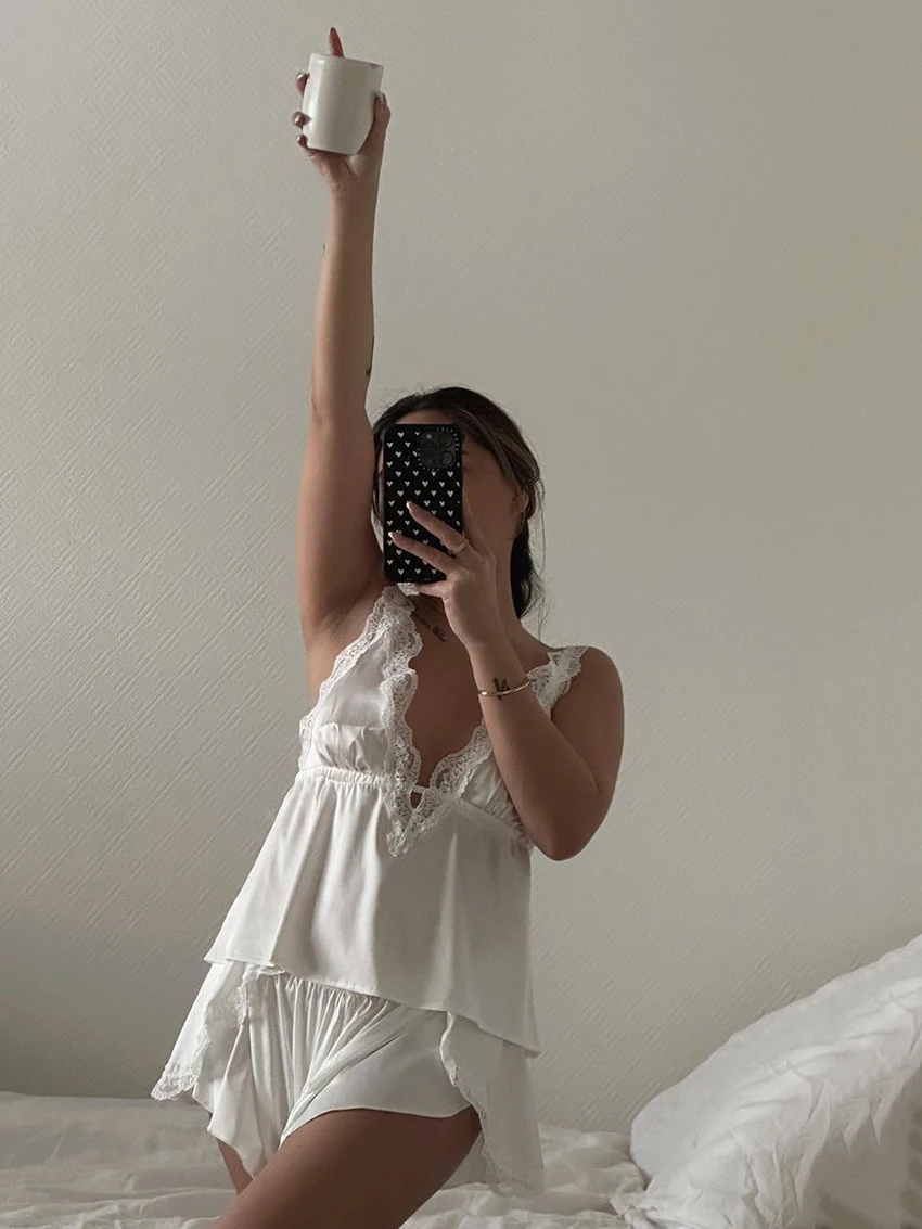 Marthaqiqi Lace Home Clothes Women Sexy V-Neck Sleepwear Tank Tops Nightgown Backless Nightie Shorts Causal Ladies Nightwear Set