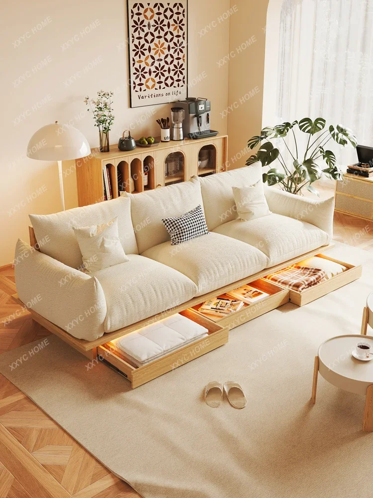 Log Style Deck Fabric Sofa Cream Living Room Solid Wood Frame Nordic Straight Row Locker Small Apartment