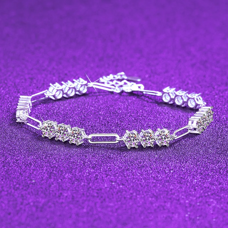 

S925 Silver White Gold Plated 5.4CT D Color Moissanite Triple-Stone Paperclip Bracelet for Women, Exquisite Jewelry.