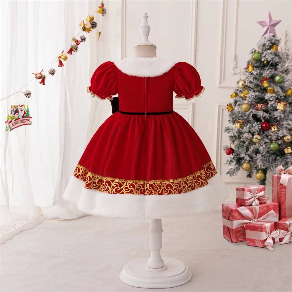 Young Girls Vintage Red Christmas Party Dress Kids Winter Santa Claus Gift Girl Big Bow Christening Clothes Children New Costume