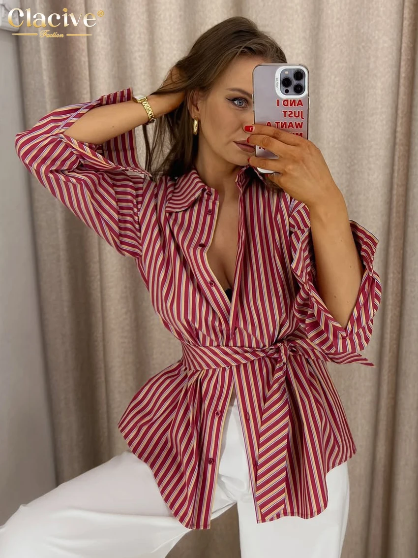 Women's Striped Lace-Up Shirt Blouse - Long Sleeve Lapel Top