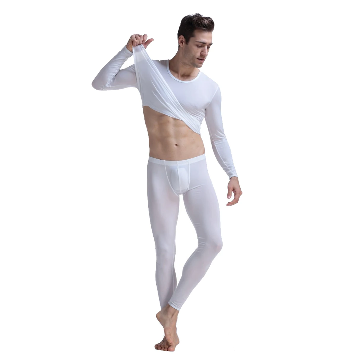 CLEVER-MENMODE Long Johns Men Thermal Underwear Set Ice Silk Long Sleeve Keep Warm Slim Ultra Thin Undershirt Pants Tops Bottoms