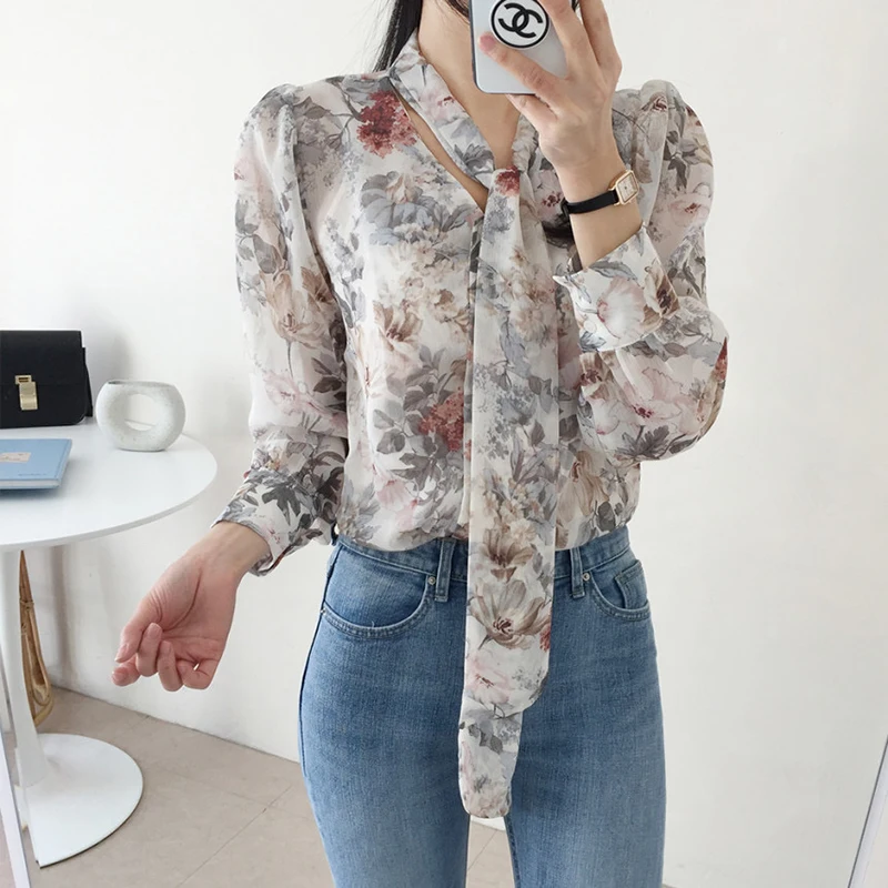 Chic Chiffon Shirts Long Sleeve Printed Floral Tie Blouse Female 2025 New Loose Casual Office Ladies Tops