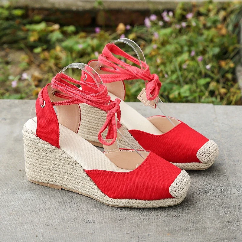 Women Espadrille Ankle Strap Sandals Slippers Ladies Womens Casual Wedge Shoes Breath Flax Hemp Canvas Pumps Platform Sandals