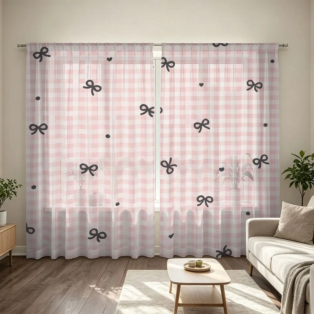 2pcs 90g Rod-Mounted Curtains, Featuring a Pink Gingham Bow and Heart Pattern, Ideal for Home Decoration